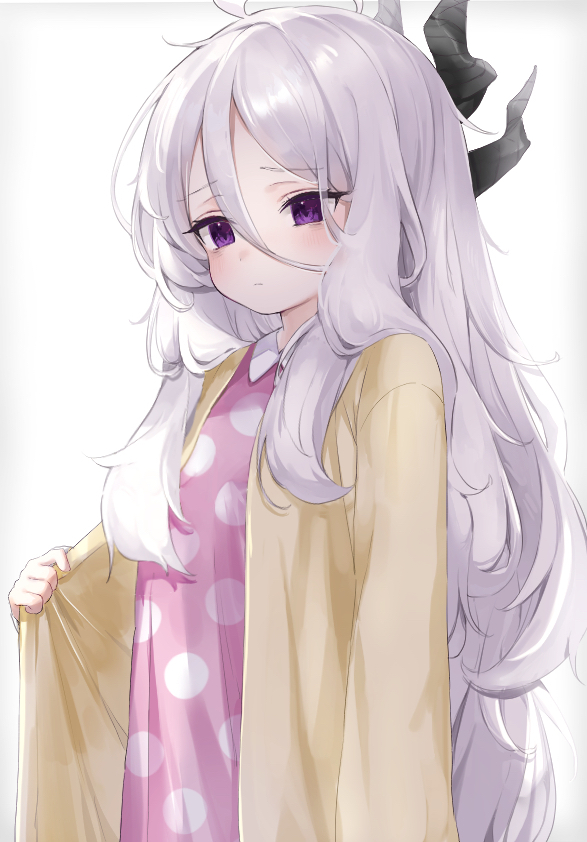 1girl, ahoge, blue_archive, blush, cardigan, curled_horns, grey_hair, hair_between_eyes