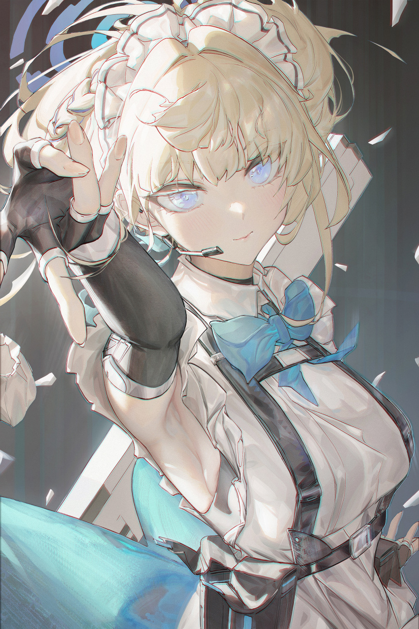 1girl, apron, armpits, assault_rifle, belt_pouch, black_gloves, black_shirt, blonde_hair, blue_archive, blue_bow, blue_bowtie, blue_eyes, blue_hair, blue_ribbon, bow, bowtie, braid, bun_cover, chest_harness, earpiece, elbow_gloves, fingerless_gloves, french_braid, frilled_apron, frills, gloves, gun, h&amp;k_g11, hair_bun, hair_ribbon, halo, hand_up, harness, highres, homajor, huge_bow, maid_apron, maid_headdress, multicolored_hair, outstretched_arms, pouch, ribbon, rifle, shirt, short_hair, single_hair_bun, streaked_hair, toki_(blue_archive), upper_body, v, waist_bow, weapon, white_apron