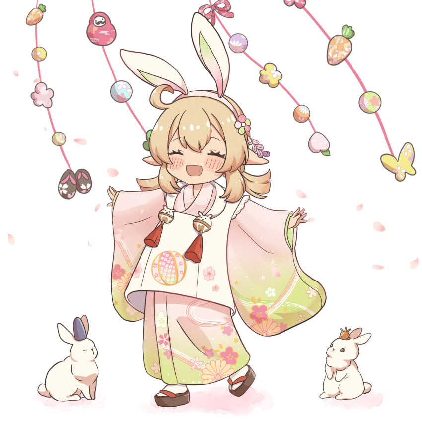 1girl, :d, ^_^, ahoge, animal_ears, apron, bangs, closed_eyes