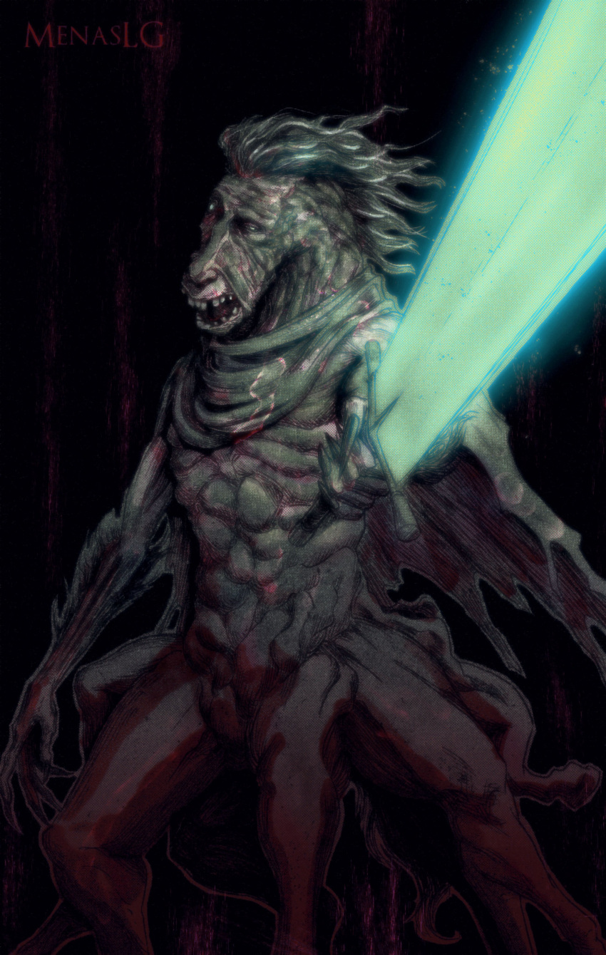absurdres, artist_name, black_background, black_hair, blood, bloodborne, disfigured, glowing