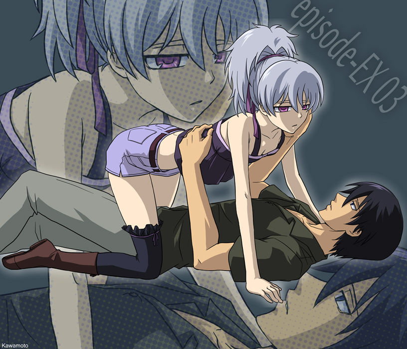 black_eyes, black_hair, couple, darker_than_black, denim, girl_on_top, hair_ribbon, hei