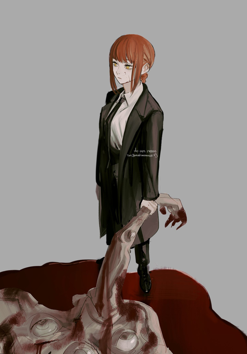 1girl, bangs, black_coat, black_footwear, black_necktie, black_pants, blood, blood_on_face