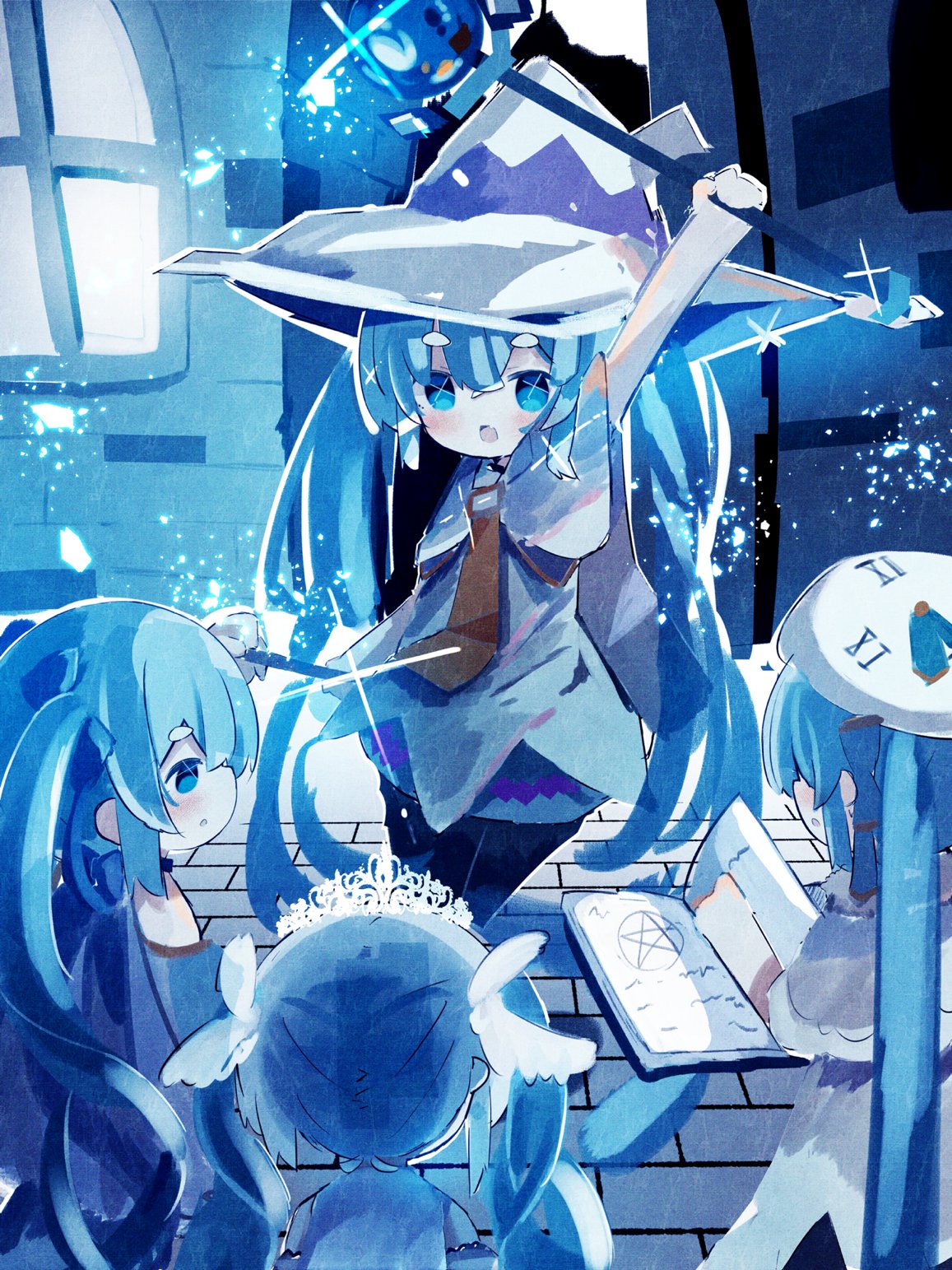 4girls, arm_up, bare_shoulders, beret, black_pantyhose, blue_bow, blue_eyes, blue_hair, blue_skirt, blue_theme, book, bow, brick_floor, capelet, chibi, cloak, clock_print, commentary, dress, glowing, hair_bow, hair_ornament, hat, hatsune_miku, highres, holding, holding_book, holding_wand, indoors, large_hat, light_particles, long_hair, magic, magic_circle, multiple_girls, multiple_persona, necktie, open_book, open_mouth, outstretched_arm, pantyhose, roman_numeral, skirt, standing, syare_0603, tiara, twintails, very_long_hair, vocaloid, wand, white_capelet, white_cloak, white_dress, white_headwear, window, witch_hat, yellow_necktie, yuki_miku, yuki_miku_(2014), yuki_miku_(2017), yuki_miku_(2019), yuki_miku_(2021)