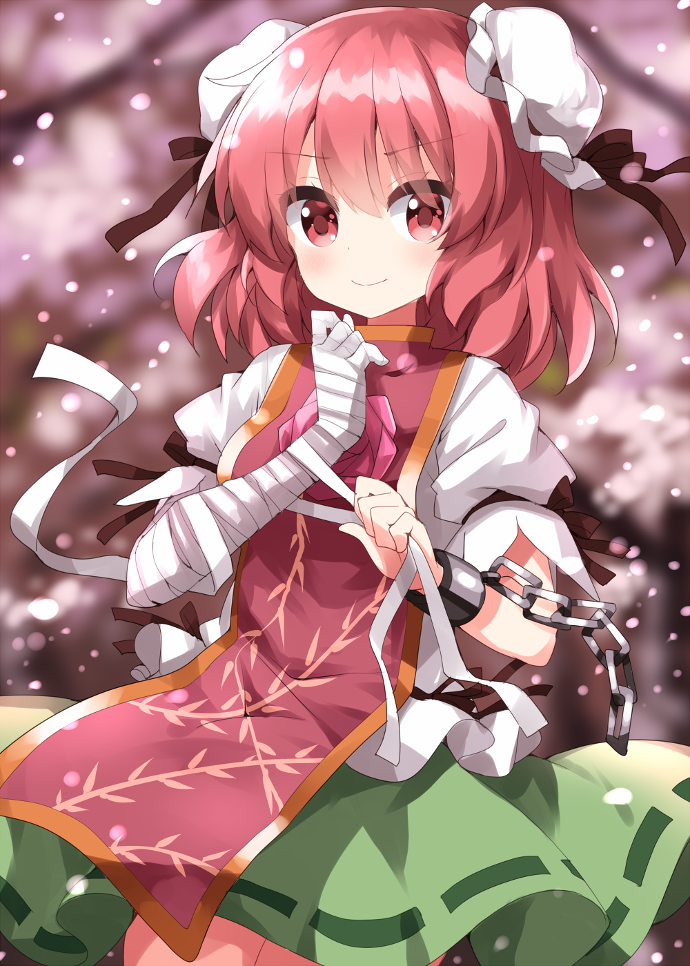1girl, bandaged_arm, bandages, bangs, blurry, blurry_background, blush, branch