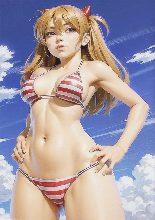ai-generated, bare_shoulders, bikini, blue_eyes, brown_hair, funky-harem, hands_on_hips, long_hair