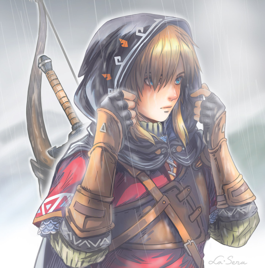 bangs, black_hood, blue_eyes, bow_(weapon), fingerless_gloves, gauntlets, gloves, highres, hood, hood_up, hylian_set_(zelda), la-sera, light_brown_hair, link, rain, red_tunic, short_hair, sidelocks, sword, sword_on_back, the_legend_of_zelda, the_legend_of_zelda:_breath_of_the_wild, weapon, weapon_on_back