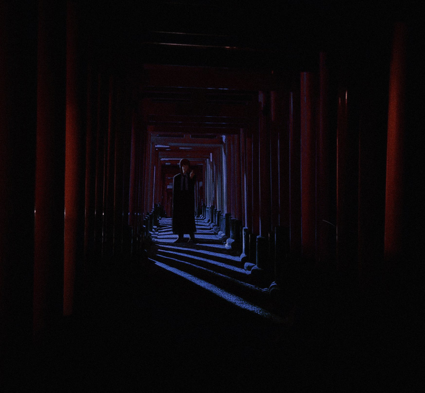 1girl, bangs, black_footwear, black_necktie, black_pants, chainsaw_man, coat, collared_shirt, dark, formal, fushimi_inari_taisha, highres, horror_(theme), kamo_(kamonegioisi), looking_at_viewer, makima_(chainsaw_man), medium_hair, multiple_torii, necktie, pants, pointing, redhead, shirt, shirt_tucked_in, sidelocks, solo, suit, torii, white_shirt