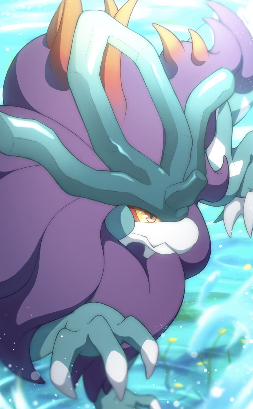 animal_focus, blurry, blurry_background, claws, closed_mouth, commentary_request, highres, horns