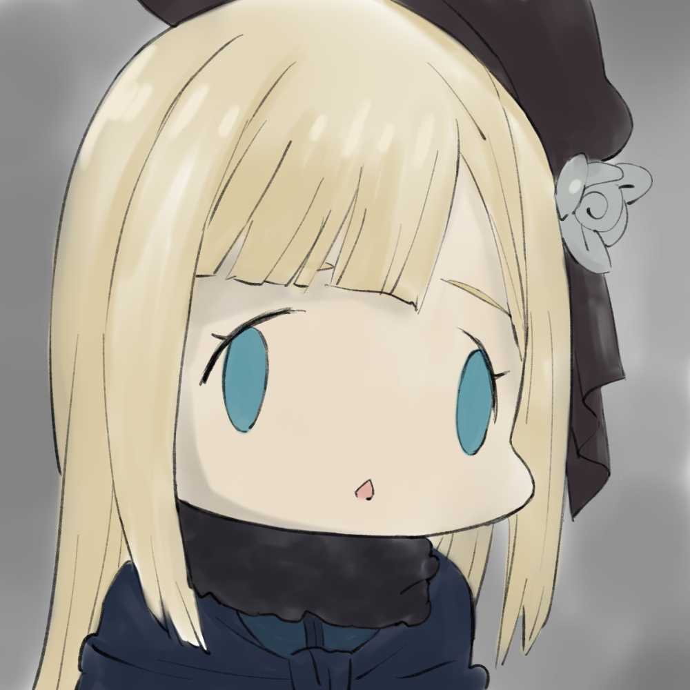 1girl, asymmetrical_bangs, bangs, black_headwear, blonde_hair, blue_capelet, blue_jacket, blunt_bangs