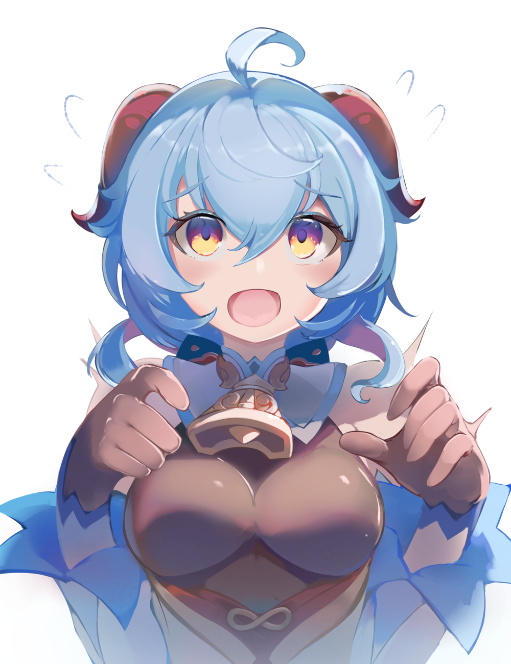 1girl, ahoge, bangs, bare_shoulders, bell, black_gloves, blue_hair, blush, breasts, detached_sleeves, enhyo, flying_sweatdrops, ganyu_(genshin_impact), genshin_impact, gloves, highres, horns, long_hair, looking_at_viewer, medium_breasts, neck_bell, open_mouth, sidelocks, solo, upper_body, violet_eyes, white_background, white_sleeves