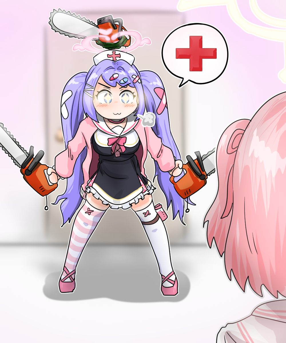 +_+, 2girls, :3, asymmetrical_legwear, bandaid_hair_ornament, bangs, blue_archive, blue_eyes, blurry, blush, bow, c/h, chainsaw, chainsaw_man, choker, commentary_request, depth_of_field, door, dual_wielding, english_commentary, glowing, glowing_eyes, hair_between_eyes, hair_bow, hair_ornament, hair_ribbon, hairclip, halo, hanae_(blue_archive), hat, highres, holding, long_hair, long_sleeves, looking_at_another, looking_at_viewer, medium_hair, mismatched_legwear, mixed-language_commentary, multiple_girls, nurse_cap, one_side_up, out_of_frame, parody, pink_hair, purple_hair, ribbon, school_uniform, serafuku, serina_(blue_archive), sidelocks, sparkling_eyes, spoken_red_cross, thigh-highs, twintails, v-shaped_eyebrows, visible_air, white_thighhighs, zettai_ryouiki