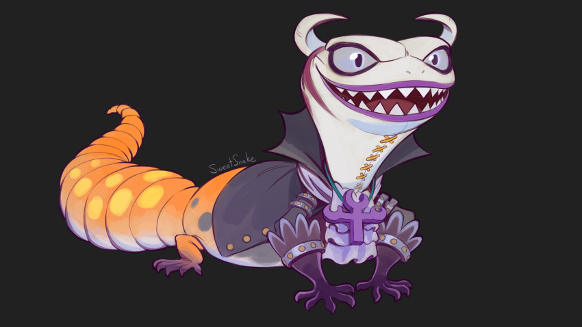 1boy, absurdres, animal, animal_focus, artist_name, ascot, black_jacket, cross, cross_necklace, evil_smile, gecko, gecko_moria, gloves, high_collar, highres, horns, jacket, jewelry, lizard, msvekla, necklace, one_piece, open_mouth, purple_gloves, sharp_teeth, smile, stitches, teeth, white_ascot