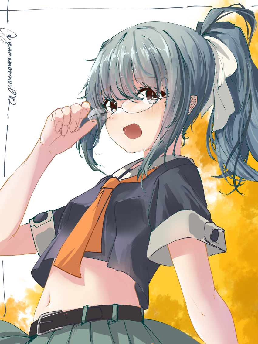 1girl, absurdres, adjusting_eyewear, aqua_skirt, belt, bespectacled, bow, bowtie