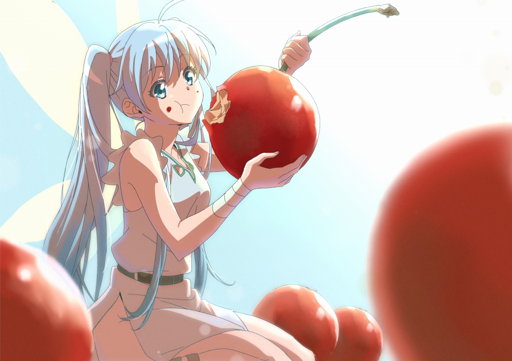 ahoge, ankle_cuffs, bangs, bare_legs, bare_shoulders, belt, benriya_saitou-san_isekai_ni_iku, blue_eyes, blue_hair, blue_sky, blurry, breasts, cherry, commentary, depth_of_field, dress, eating, fairy, fairy_wings, food, food_on_face, frills, fruit, grey_dress, hair_between_eyes, holding, holding_food, kneeling, lafanpan, lens_flare, messy_hair, no_nose, randorii, shadow, side_slit, size_difference, sky, small_breasts, twintails, wings, wrist_cuffs