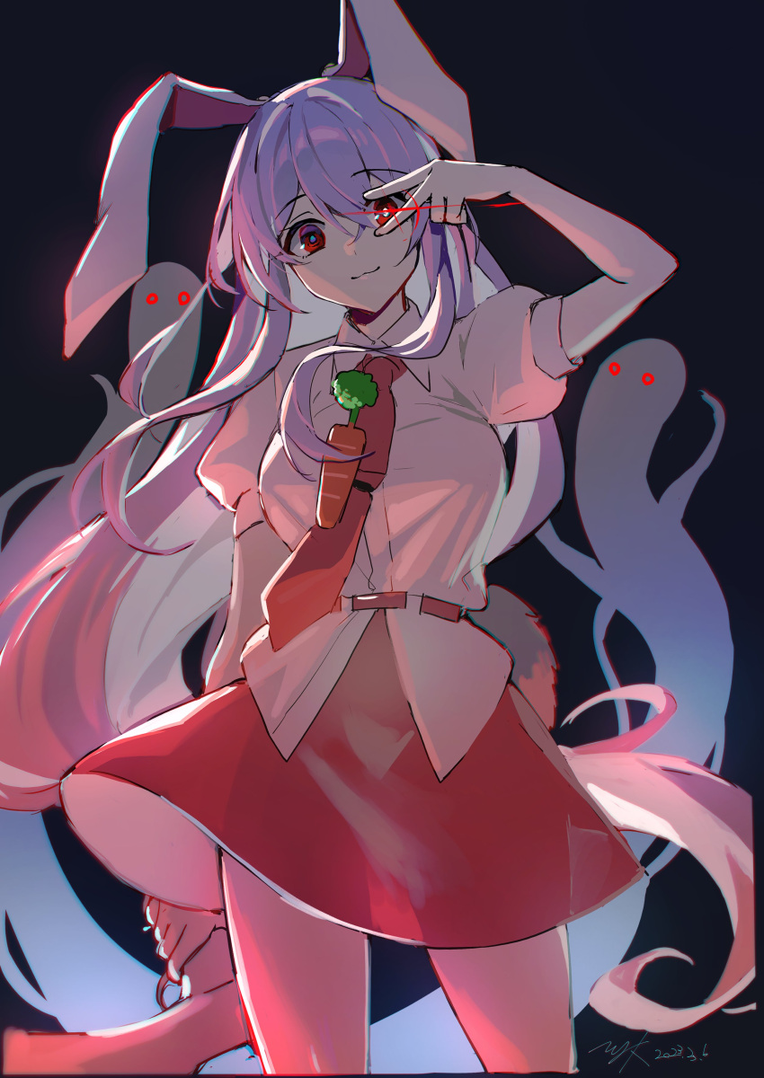 1girl, absurdres, animal_ears, arm_up, bangs, carrot, contrapposto, dark_background
