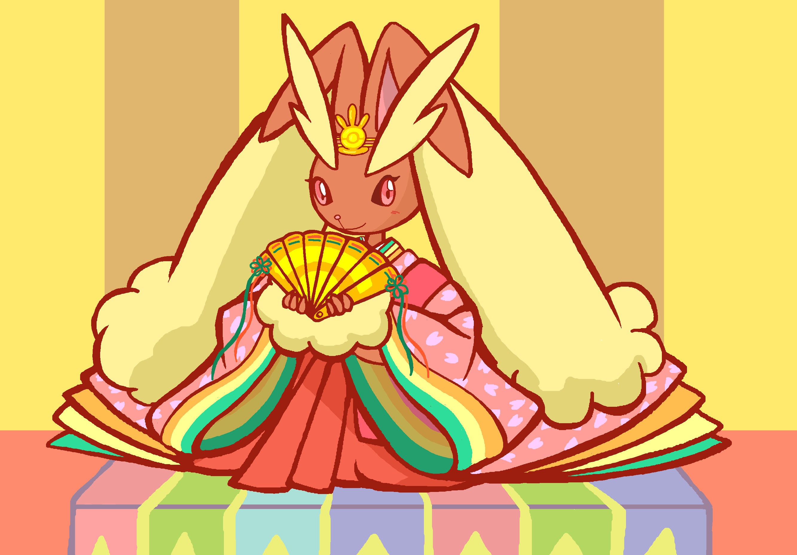 1girl, animal_ears, animal_nose, blush, body_fur, brown_fur, closed_mouth, clothed_pokemon, commentary_request, folding_fan, full_body, furry, furry_female, gardear058, hakama, hand_fan, hands_up, happy, headpiece, highres, hinadan, hinamatsuri, holding, holding_fan, japanese_clothes, kimono, light_blush, long_sleeves, looking_at_viewer, lopunny, partial_commentary, pink_eyes, pink_kimono, pointy_ears, poke_ball_symbol, pokemon, pokemon_(creature), rabbit_ears, rabbit_girl, red_hakama, sitting, smile, solo, striped, striped_background, two-tone_fur, wide_sleeves, yellow_background, yellow_fur