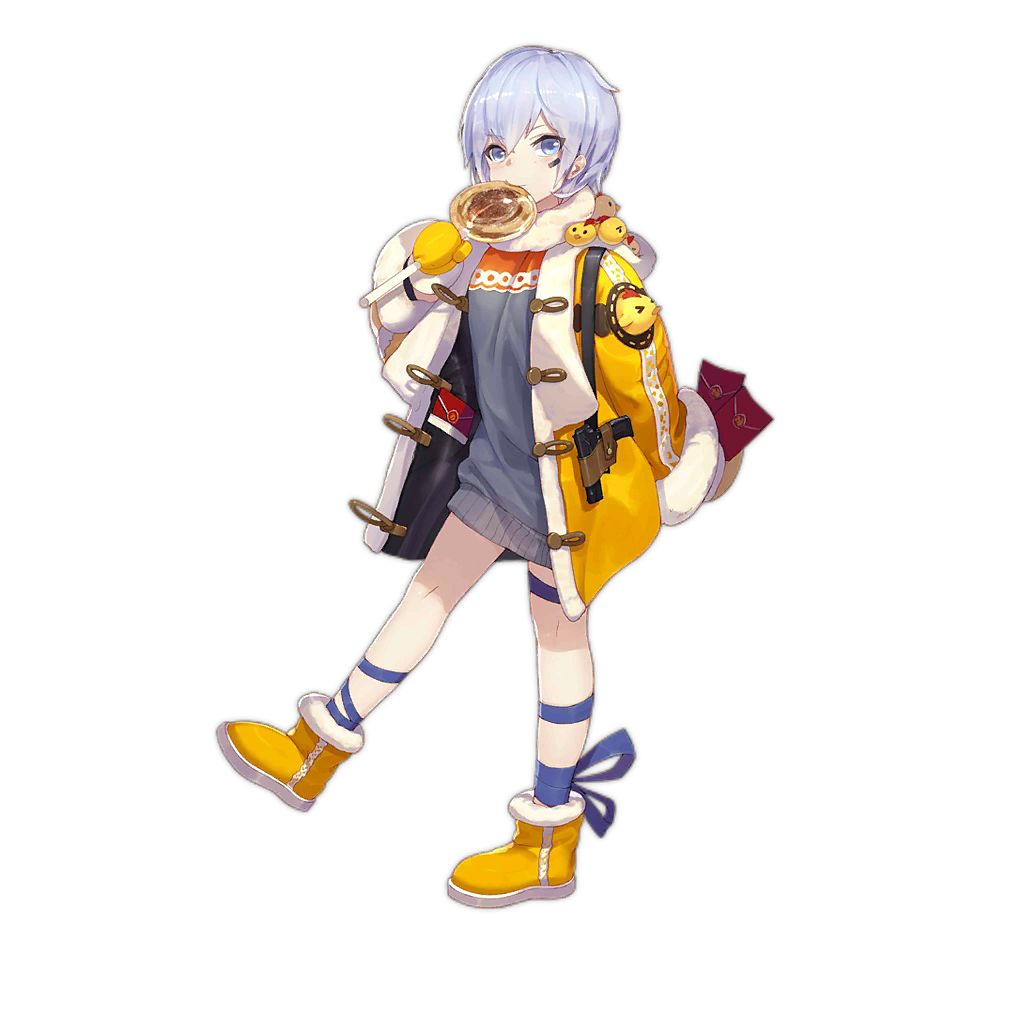 1girl, bird, blue_eyes, blue_hair, blue_sweater, boots, candy, chicken, coat, envelope, food, full_body, fur-trimmed_coat, fur_trim, girls_frontline, gloves, gun, hair_between_eyes, handgun, holding, holding_candy, holding_envelope, holding_food, holding_lollipop, holstered_weapon, leg_ribbon, lollipop, looking_at_viewer, mittens, mp-446_(girls'_frontline), mp-446_(sunflower)_(girls'_frontline), mp-446_viking, official_alternate_costume, official_art, ribbon, short_hair, simple_background, solo, standing, standing_on_one_leg, sweater, transparent_background, weapon, xiao_qiang_sang, yellow_coat, yellow_footwear, yellow_gloves, yellow_mittens