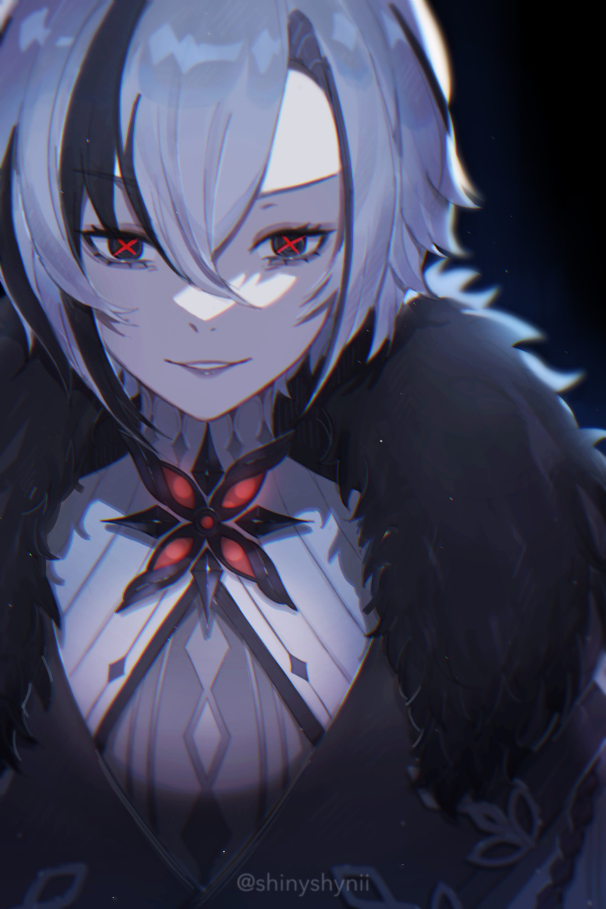 1girl, absurdres, arlecchino_(genshin_impact), artist_name, bangs, black_background, black_eyes, black_hair