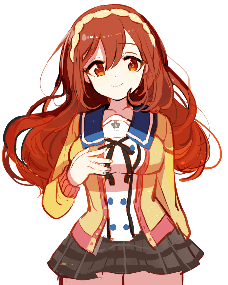 1girl, brown_hair, cardigan, closed_mouth, ensemble_girls!, hand_on_own_chest, headband, kimisaki_school_uniform