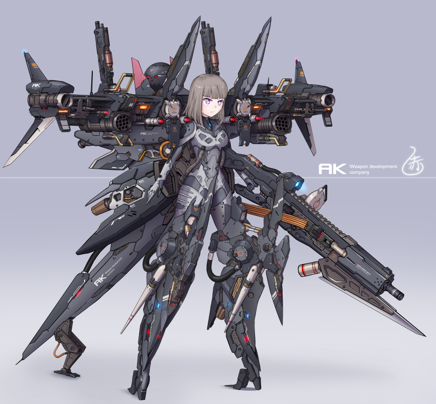 1girl, absurdres, armor, bayonet, bodysuit, brown_hair, commentary_request, covered_navel