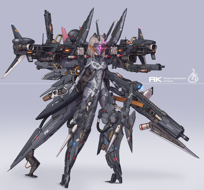 1girl, absurdres, armor, bayonet, bodysuit, brown_hair, commentary_request, covered_navel