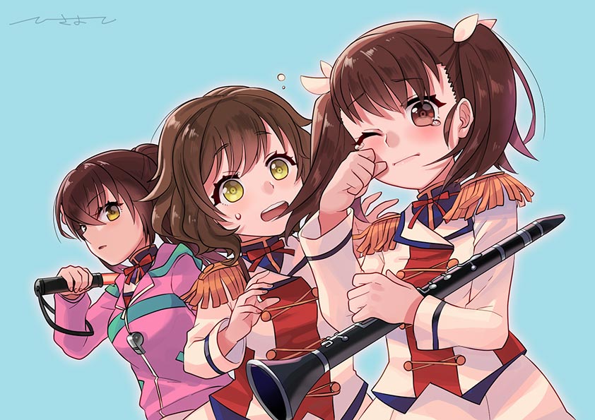 3girls, brown_eyes, brown_hair, crying, crying_with_eyes_open, ensemble_girls!, epaulettes, facing_to_the_side
