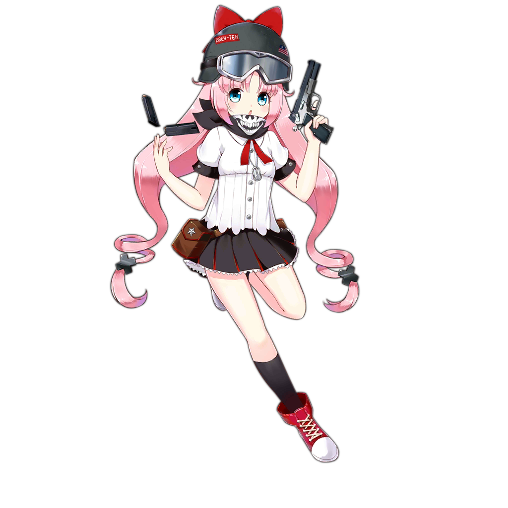 1girl, black_skirt, black_socks, blue_eyes, bow, bren_ten, bren_ten_(girls'_frontline), character_name, cross_hair_ornament, dog_tags, girls_frontline, goggles, goggles_on_headwear, gun, hair_ornament, handgun, hat, hat_bow, helmet, holding, holding_gun, holding_weapon, linda_b, long_hair, looking_at_viewer, magazine_(weapon), neck_ribbon, official_art, open_mouth, pink_hair, pouch, red_bow, red_footwear, red_ribbon, ribbon, shirt, shoes, skirt, sneakers, socks, solo, standing, standing_on_one_leg, star_(symbol), trigger_discipline, twintails, two-tone_footwear, very_long_hair, weapon, white_footwear, white_shirt