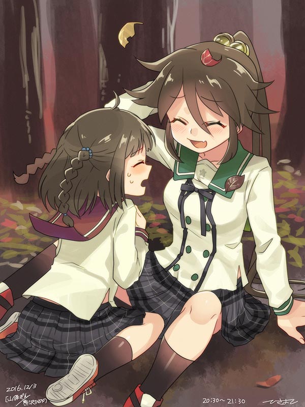 2girls, arm_behind_head, black_socks, brown_hair, closed_eyes, ensemble_girls!, facing_another, green_sailor_collar