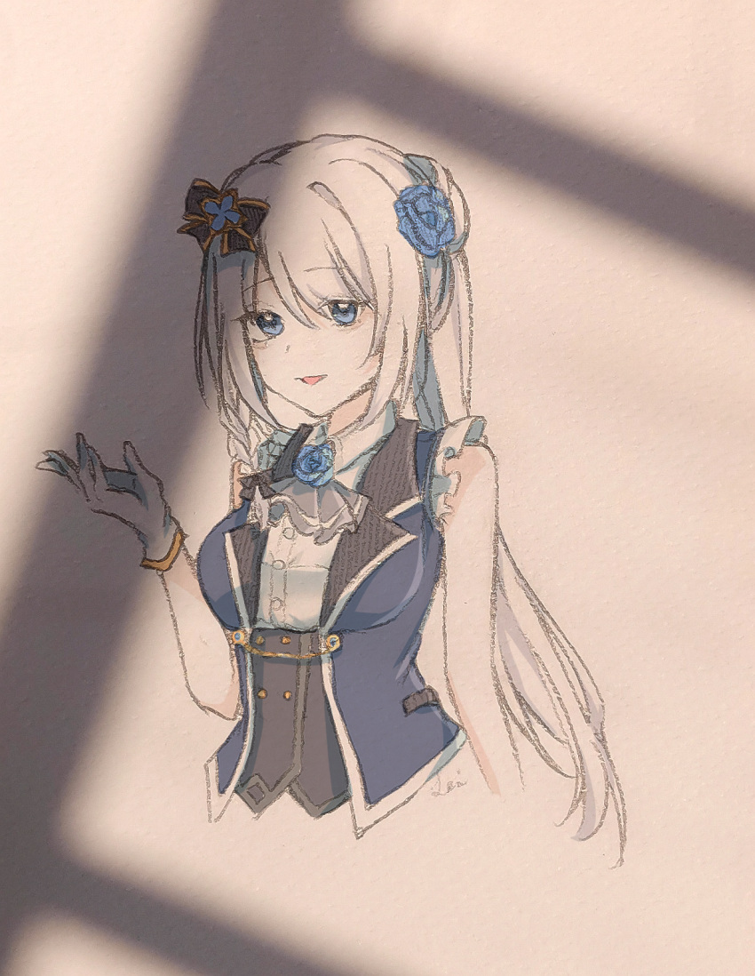 1girl, :d, arm_at_side, bangs, black_bow, blue_eyes, blue_flower, blue_rose, blue_vest, bow, braid, buttons, collared_shirt, cropped_torso, flower, frilled_sleeves, frills, gloves, grey_hair, grey_jabot, hair_bow, hair_flower, hair_ornament, hand_up, highres, lapels, long_hair, looking_at_viewer, magia_record:_mahou_shoujo_madoka_magica_gaiden, magical_girl, mahou_shoujo_madoka_magica, medium_request, parted_lips, ponytail, rose, shirt, short_sleeves, side_braid, sidelocks, simple_background, smile, solo, swept_bangs, underbust, very_long_hair, vest, white_gloves, white_shirt, window_shade, yakumo_mitama, yinxingyaoaimilibaobao