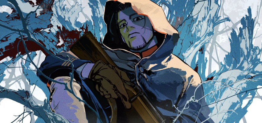 1boy, arisaka, arm_on_knee, arm_rest, black_eyes, black_hair, blue_jacket, bolt_action, branch, brown_gloves, cloak, empty_eyes, expressionless, facial_hair, film_grain, frown, gaiters, gkyoyo00, gloves, golden_kamuy, gun, hair_slicked_back, hair_strand, head_back, head_tilt, high_collar, highres, holding, holding_gun, holding_weapon, hood, hood_up, hooded_cloak, imperial_japanese_army, in_tree, jacket, knee_up, long_sleeves, looking_at_viewer, male_focus, military, military_jacket, military_uniform, ogata_hyakunosuke, outdoors, rifle, scar, scar_on_cheek, scar_on_face, short_hair, sitting, sitting_in_tree, solo, stubble, tree, trigger_discipline, uniform, weapon, white_sky
