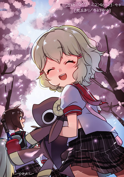 3girls, blonde_hair, brown_hair, cherry_blossoms, closed_eyes, ensemble_girls!, facing_another, facing_away