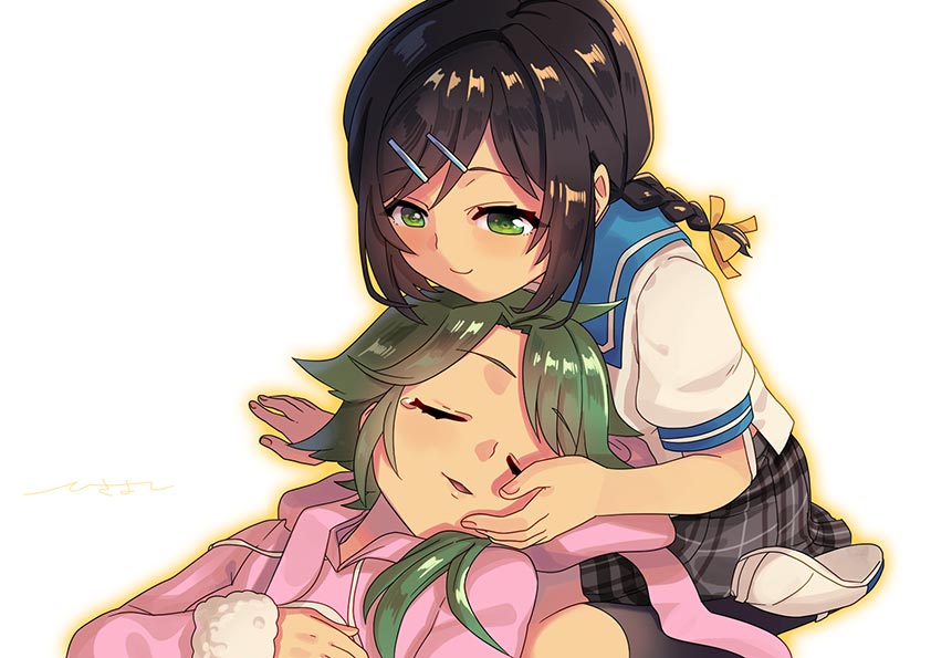 2girls, animal_ears, animal_hood, black_hair, braid, closed_eyes, closed_mouth, ensemble_girls!