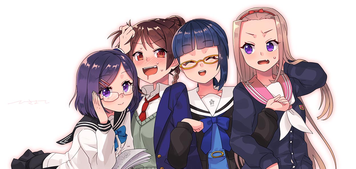 4girls, braid, brown_hair, closed_eyes, ensemble_girls!, facing_viewer, glasses, hair_bun