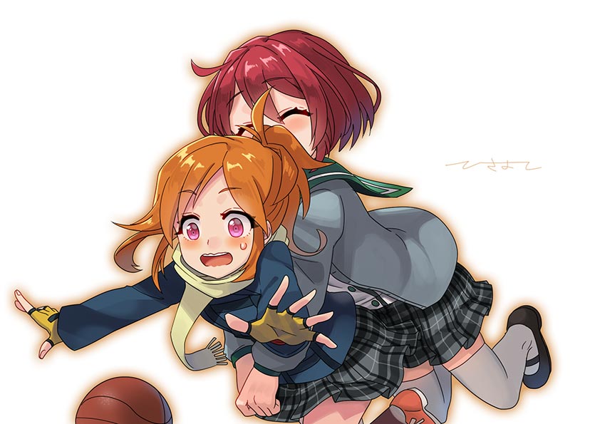 2girls, basketball, blue_coat, closed_eyes, coat, ensemble_girls!, grey_sweater, hisayoshi_(hisa)