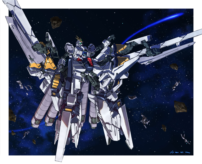 asteroid, beam_cannon, border, daue, green_eyes, gundam, gundam_narrative, hand_up