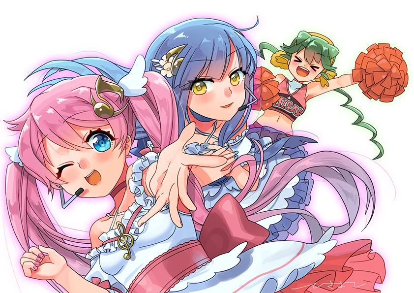 3girls, blue_eyes, blush, cheerleader, crop_top, ensemble_girls!, green_hair, hamori_tsubasa