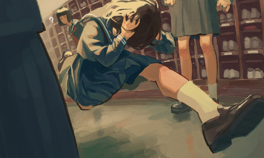 4girls, ?, black_hair, blue_sailor_collar, blue_serafuku, blue_skirt, bob_cut, brown_hair