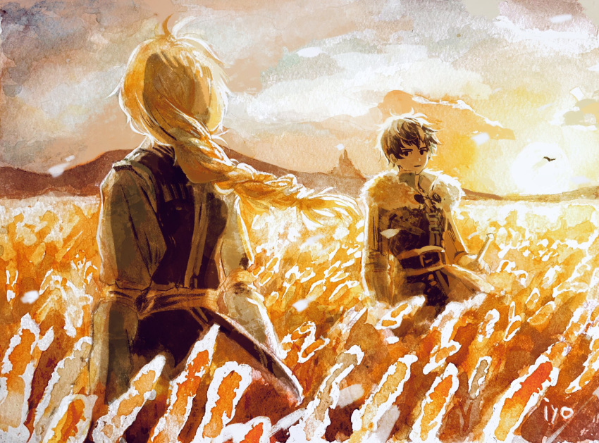 2boys, artist_name, belt, bird, blonde_hair, braid, capelet, corn