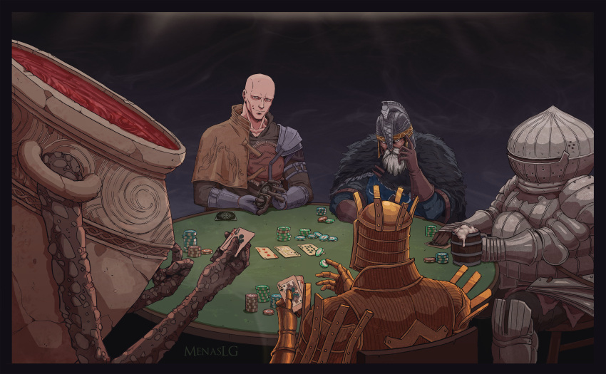 5boys, absurdres, ace_of_clubs, ace_of_hearts, alcohol, armor, artist_name, bald