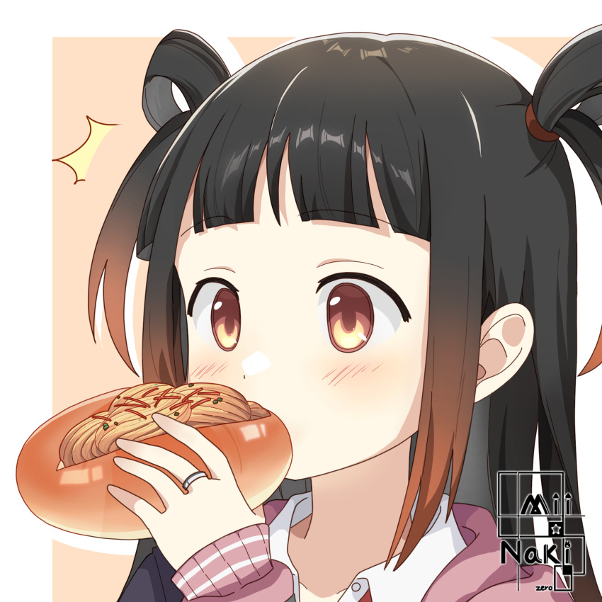 1girl, bangs, black_hair, blunt_bangs, blush, border, collar, collared_shirt, dot_nose, eating, gradient_hair, hair_rings, hand_up, highres, hood, hood_down, hoodie, jewelry, long_sleeves, magia_record:_mahou_shoujo_madoka_magica_gaiden, mahou_shoujo_madoka_magica, multicolored_hair, ooba_juri, open_collar, orange_background, orange_eyes, orange_hair, p3233, pink_hoodie, portrait, ring, ryuugasaki_academy_school_uniform, school_uniform, shirt, short_bangs, sidelocks, solo, white_border, white_collar, wide-eyed, yakisobapan