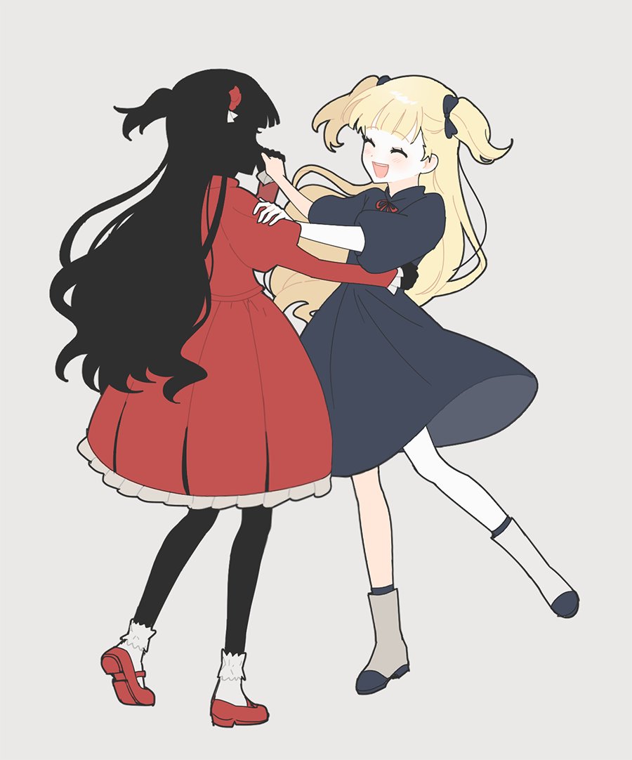 2girls, binsusoda, blonde_hair, blue_bow, blue_dress, bobby_socks, bow, dancing