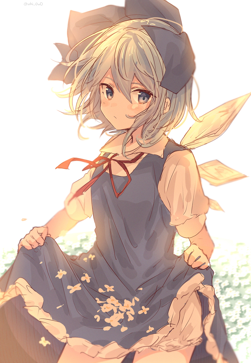 1girl, bangs, blue_dress, blue_eyes, blue_hair, blush, bow, cirno