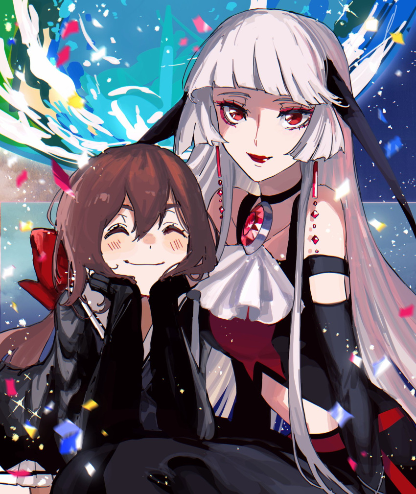 2girls, ascot, bangs, bare_shoulders, black_serafuku, blunt_bangs, blurry, blurry_foreground