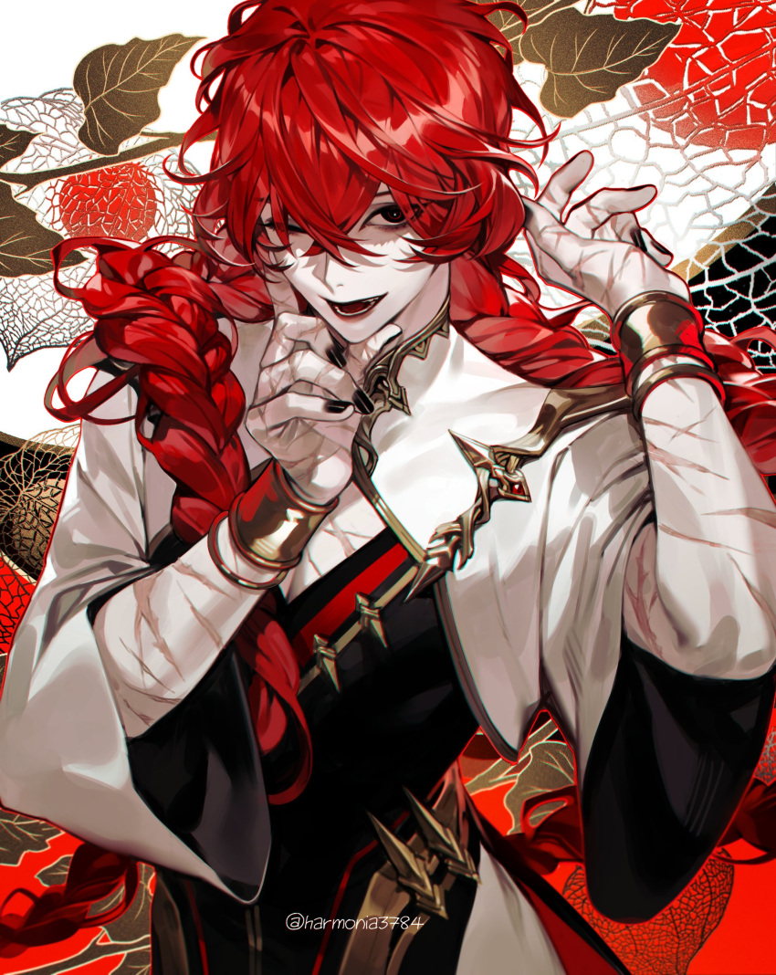 1boy, absurdres, amandasu, black_eyes, black_nails, black_vest, bracelet, highres, jewelry, long_hair, looking_at_viewer, male_focus, one_eye_closed, open_mouth, original, pectoral_cleavage, pectorals, redhead, scar, shirt, smile, solo, vest, wavy_hair, white_background, white_shirt