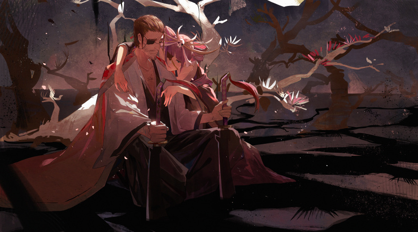 1boy, 1girl, absurdres, bankai, bare_tree, beard, black_kimono, bleach