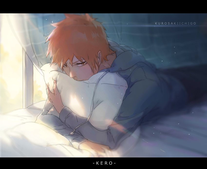 1boy, absurdres, artist_name, bleach, brown_eyes, character_name, commentary_request, curtains, grey_hoodie, highres, hood, hood_down, hoodie, keroooooo, kurosaki_ichigo, long_sleeves, looking_at_viewer, lying, male_focus, object_hug, on_bed, on_stomach, orange_hair, pants, pillow, pillow_hug, solo, sunlight, window