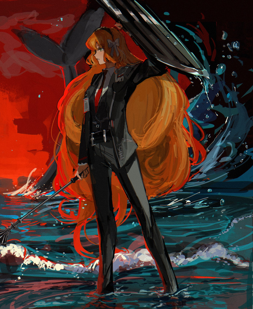 1girl, arm_up, belt, black_belt, black_hairband, black_jacket, black_pants, black_vest