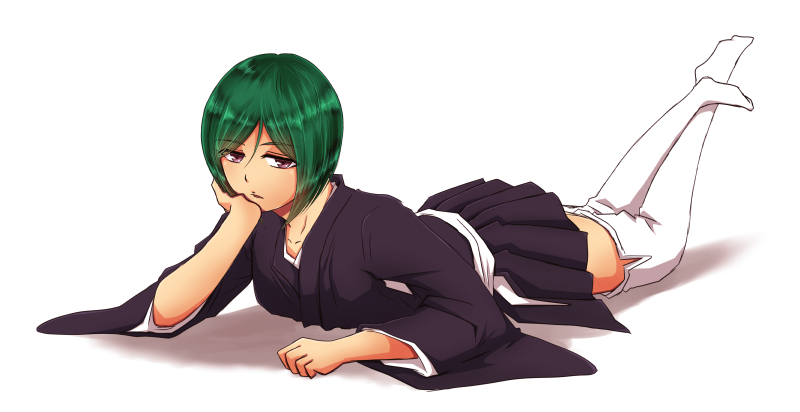 1girl, black_kimono, bleach, closed_mouth, commentary_request, crossed_ankles, elbow_rest, fainaru42