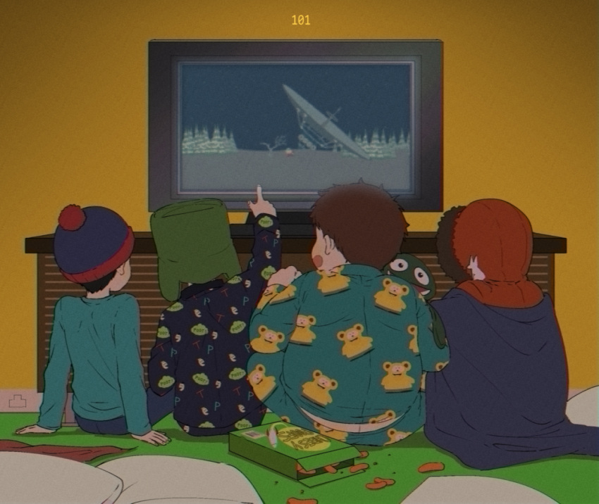 4boys, animification, beanie, black_hair, blanket, brown_hair, clyde_frog, eric_cartman, from_behind, green_headwear, hat, hood, hoodie, kenny_mccormick, kyle_broflovski, long_sleeves, male_child, male_focus, mouse, multiple_boys, orange_hoodie, pajamas, pantygnomes, pillow, pointing, shirt, sleepover, south_park, stan_marsh, television