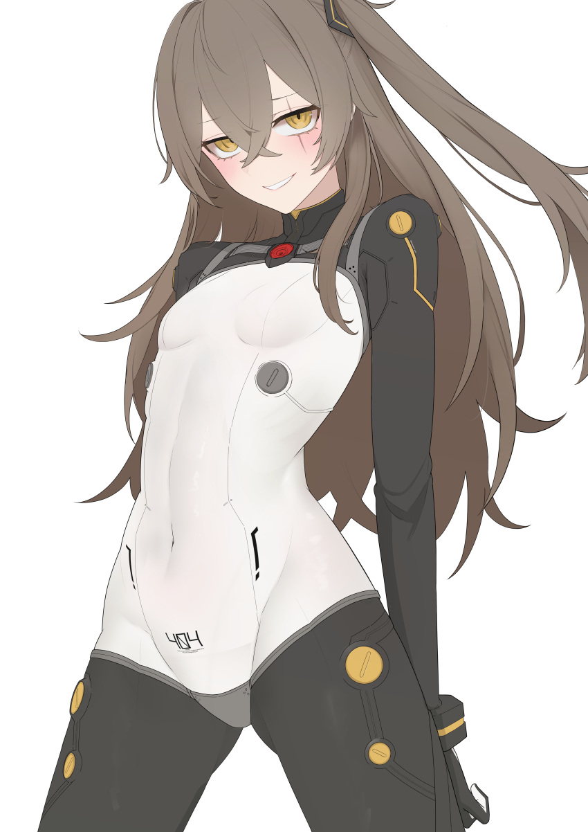 1girl, 404_(girls'_frontline), 404_logo_(girls'_frontline), absurdres, alternate_costume, blush, bodysuit, breasts